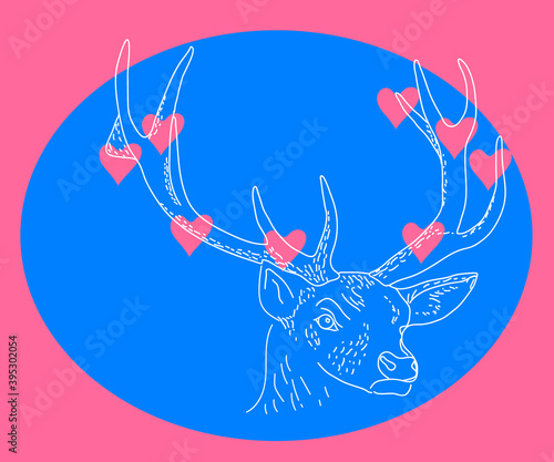 Deer and heart on a blue background. Cartoon. Vector illustration.
