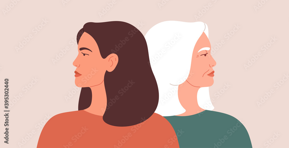 Generation gap concept. A young woman and mature female look away from each other during conflict or disagreement. Women have their backs on one another. Vector illustration