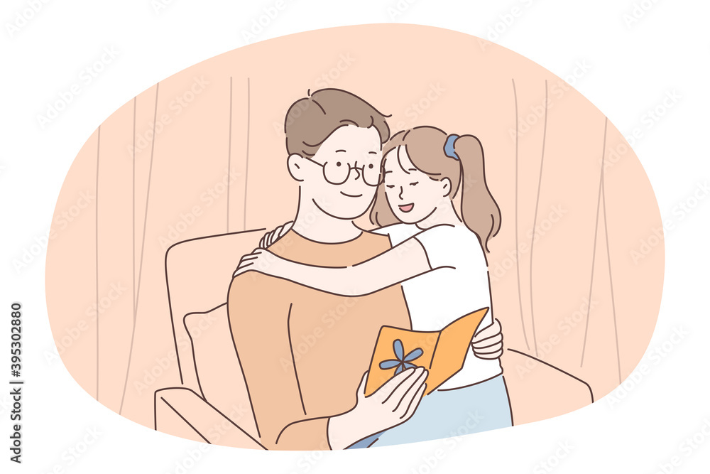 Family care, fatherhood, fathers day concept. Man father daddy coach parent sitting with daughter on knees and reading book together at home. Fathers day, love, care, dad vector illustration Family care, fatherhood, fathers day concept. Man father daddy coach parent sitting with daughter on knees and reading book together at home. Fathers day, love, care, dad vector illustration
