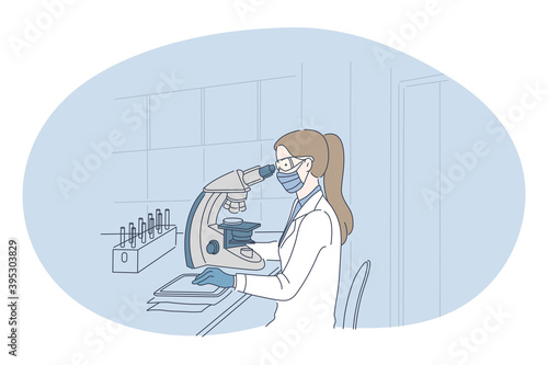X-ray in medicine and laboratory research concept. Woman doctor lab worker in medical uniform sitting and making x-ray shot of bacterias during work vector illustration, side view