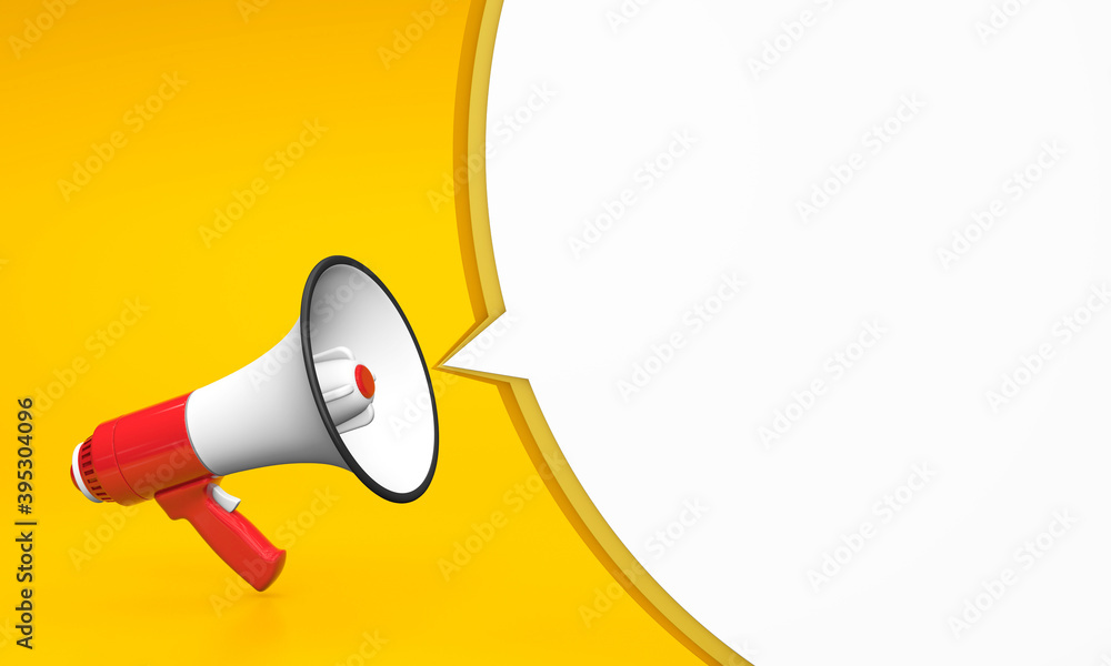 Red megaphone on yellow background and round bubble message. template. 3d render - obrazy, fototapety, plakaty 
