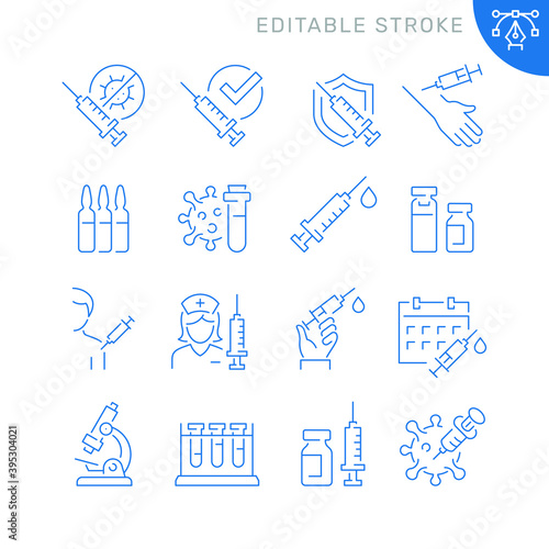Coronavirus vaccine related icons. Editable stroke. Thin vector icon set