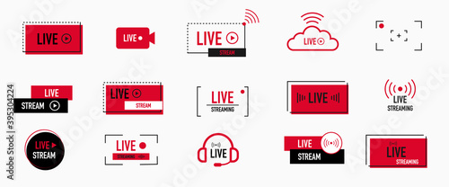 Live streaming icons set. Red symbols and buttons of live streaming, broadcasting, online stream. third template for tv, shows, movies and live performances. Vector illustration.