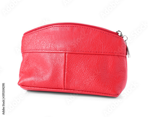 Beautiful cosmetic bag on white background