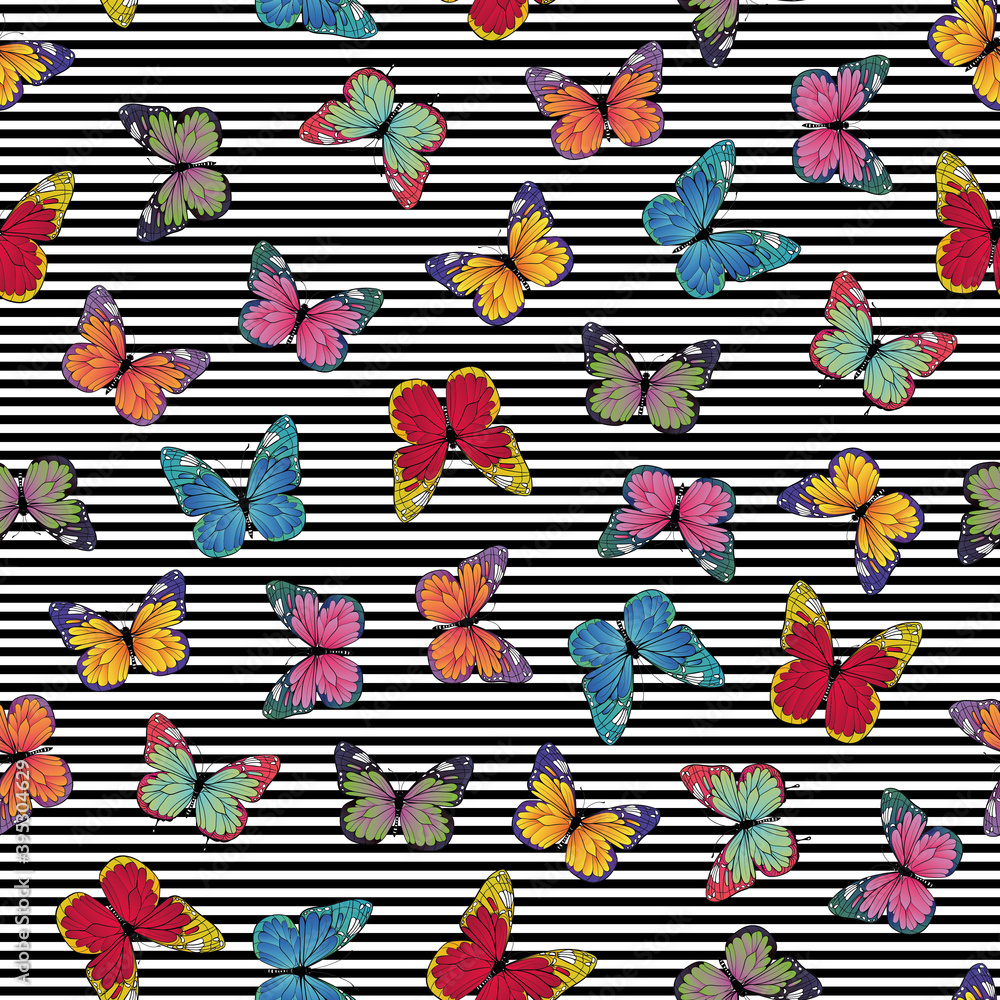 Obraz premium Seamless vector pattern with colorful butterflies on stripe background