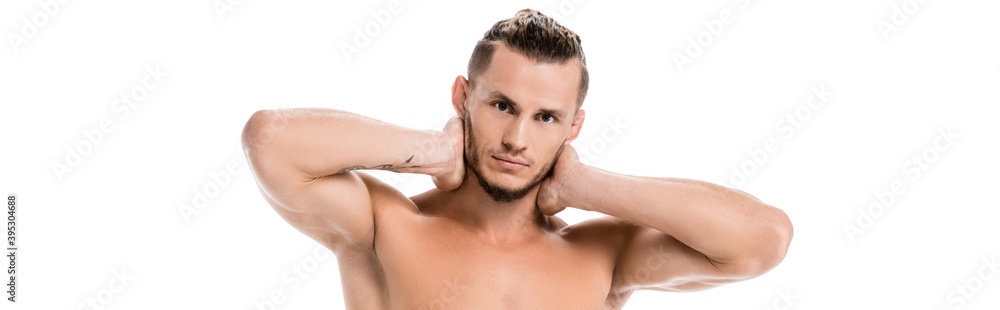 Obraz premium shirtless man posing isolated on white, banner
