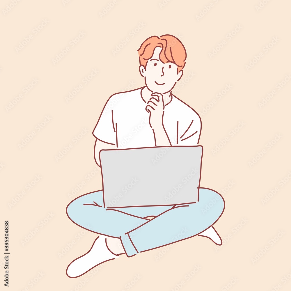 Man using laptop computer. Hand drawn character style. Man using laptop computer. Hand drawn character style.