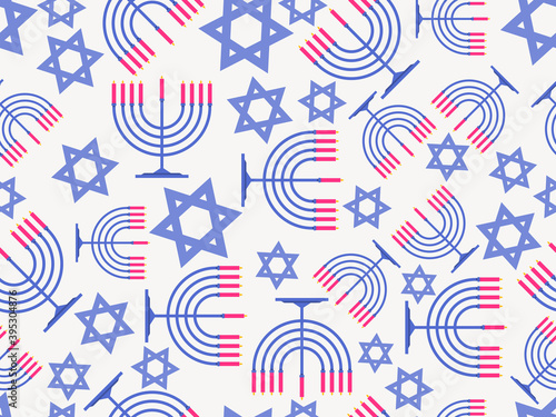 Menorah and Star of David seamless pattern. Hanukkah nine candles. Jewish festival greeting card. Vector illustration