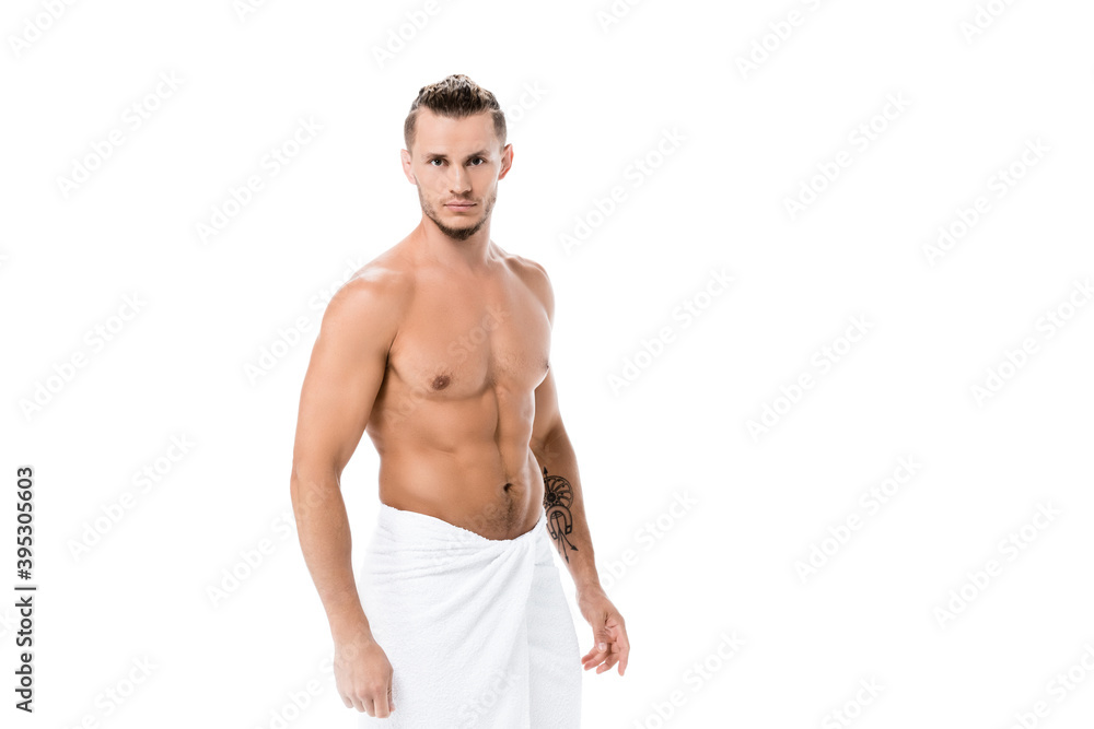 Fototapeta premium shirtless man in towel posing isolated on white