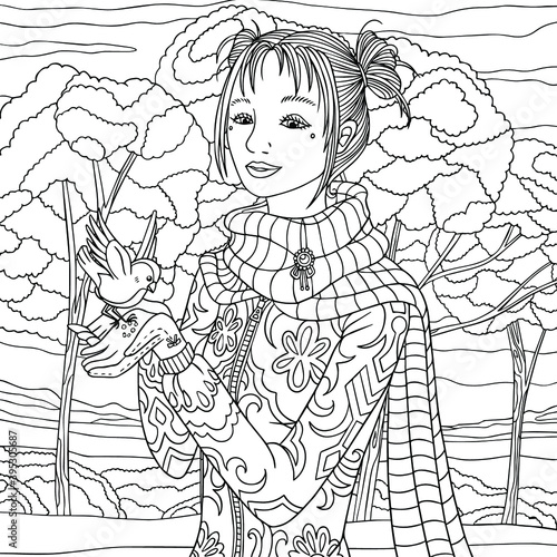 Girl cares about birds. Woman feeds sparrow in park. Seasonal illustration about nature. Coloring book page for adults.