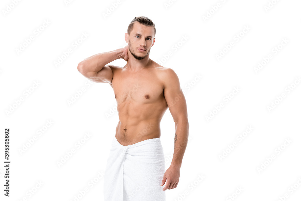 shirtless man in towel posing isolated on white shirtless man in towel posing isolated on white