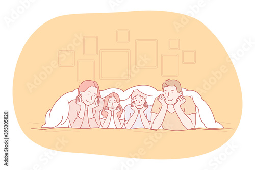 Happy family, parenthood, children concept. Young smiling parents and children family lying relaxing in bed and having fun together at home. Togetherness, happiness, childhood illustration
