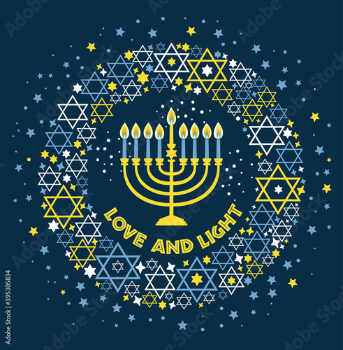 Jewish holiday Hanukkah greeting card traditional Chanukah symbols - menorah candles, star David illustration on blue. Love and light.