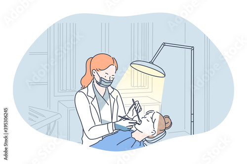 X-ray in medicine and dentistry concept. Woman doctor dentist in medical uniform standing and making x-ray shot of woman patients teeth during visit in clinic vector illustration 