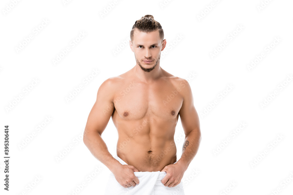  shirtless man in towel posing isolated on white