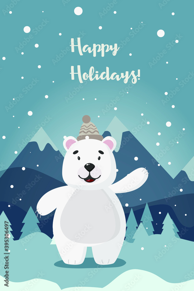 Polar bear on a winter background.
Wish you happy holidays. For postcards, flyers, banners and websites. Polar bear on a winter background.
Wish you happy holidays. For postcards, flyers, banners and websites.