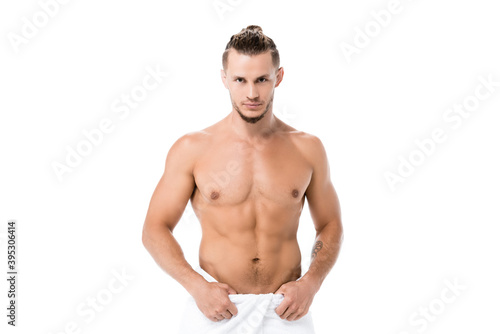  shirtless man in towel posing isolated on white