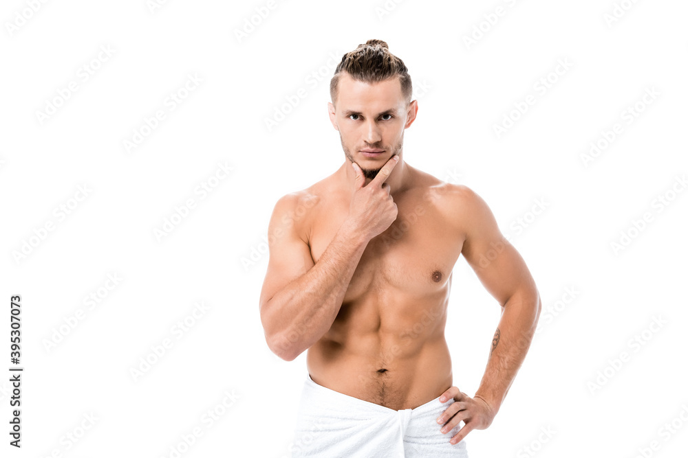 sexy shirtless man in towel posing isolated on white sexy shirtless man in towel posing isolated on white