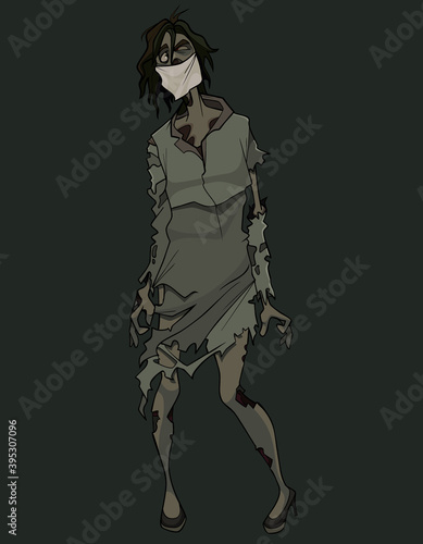 cartoon zombie woman in torn dress with medical mask on her face
