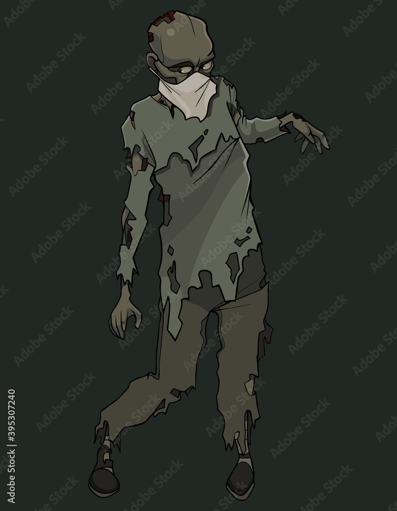suspicious looking cartoon zombie in torn clothes with a medical mask on his face