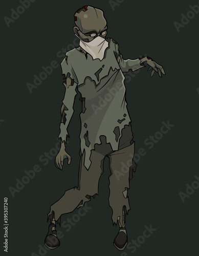 suspicious looking cartoon zombie in torn clothes with a medical mask on his face