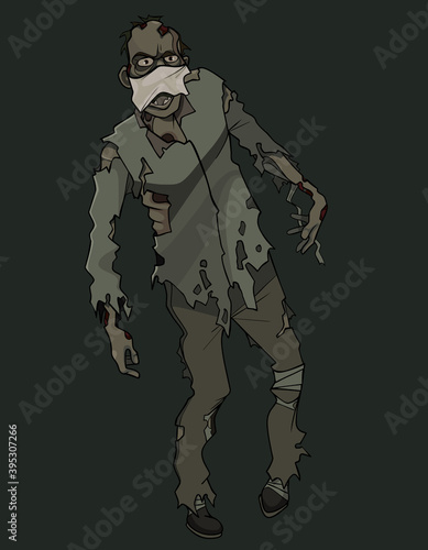 walking cartoon zombie in torn clothes with a medical mask on his face