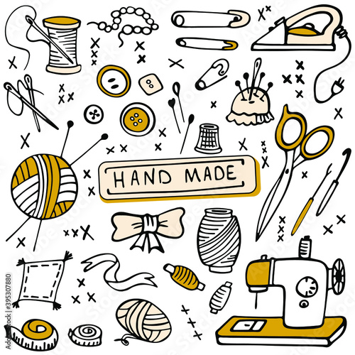 Set of hand-drawn craft supplies and tools. Doodle design elements isolated on white background. Vector illustration
