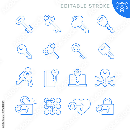 Key related icons. Editable stroke. Thin vector icon set