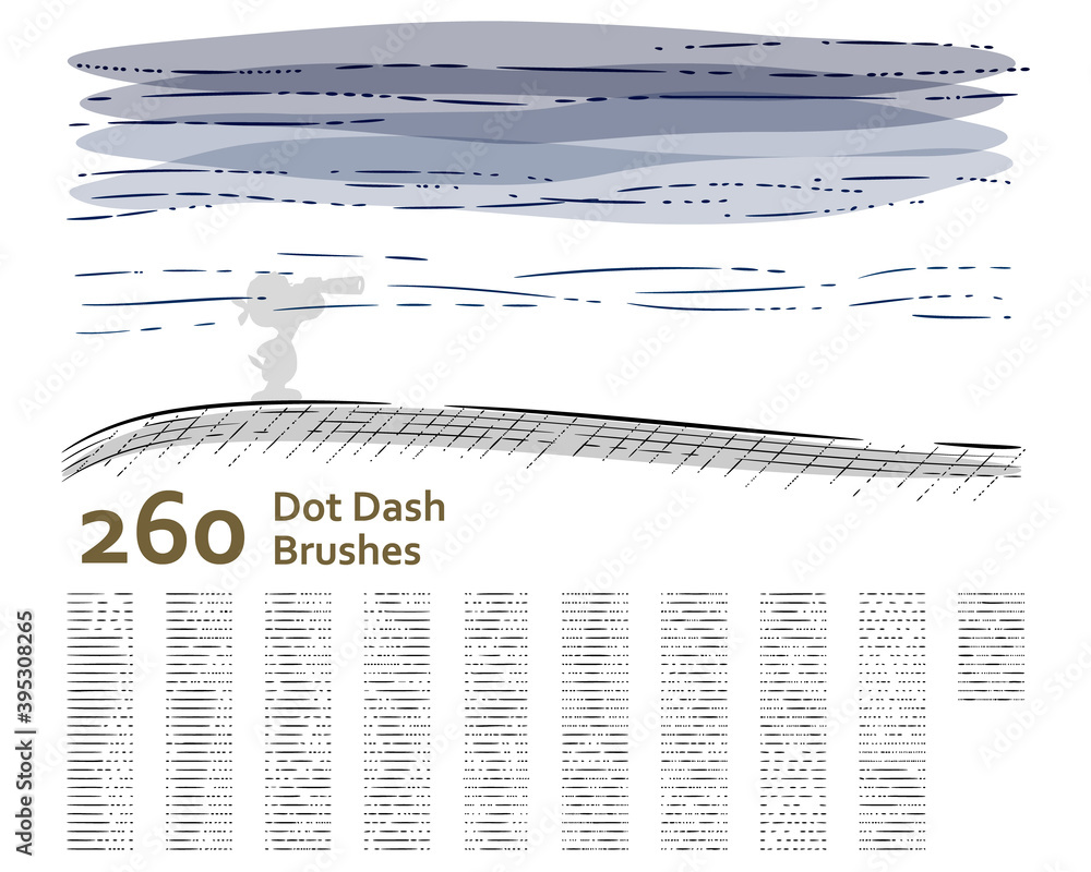 Set of 260 unique dot-dash sketch art brushes for illustrator, technical drawing, retro, vintage design, shading, engraved, hatching, water effect, lino cut, outline. Created using AI CS6.