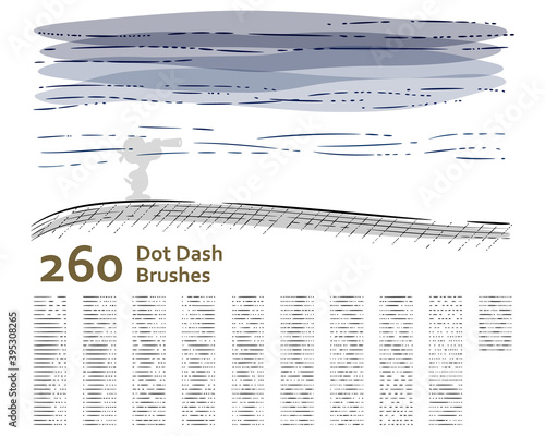 Set of 260 unique dot-dash sketch art brushes for illustrator, technical drawing, retro, vintage design, shading, engraved, hatching, water effect, lino cut, outline. Created using AI CS6.