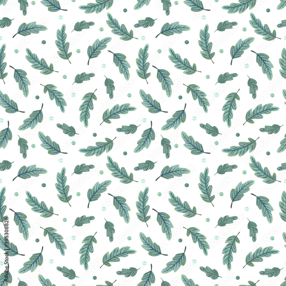 Watercolor seamless pattern with green leaves and polka dots on white. Nice nature textile. Great for fabrics, wrapping papers, covers. Hand painted illustration. Watercolor seamless pattern with green leaves and polka dots on white. Nice nature textile. Great for fabrics, wrapping papers, covers. Hand painted illustration.