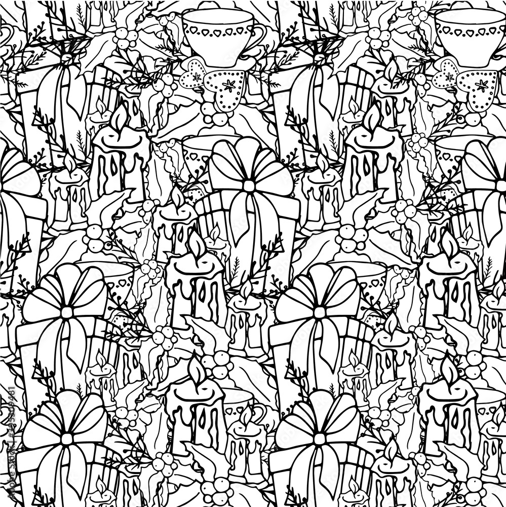Winter holiday seamless pattern. Gift box candle holly cup black outline on white art design elements stock vector illustration for web, for print, for wall paper, for wrapping paper Winter holiday seamless pattern. Gift box candle holly cup black outline on white art design elements stock vector illustration for web, for print, for wall paper, for wrapping paper