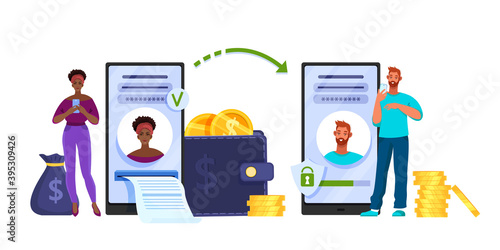 Money transfer or mobile internet payment vector concept with woman, man, smartphone, wallet, coins. Digital transaction finance illustration with money bag, stacks.Money transfer flat business banner