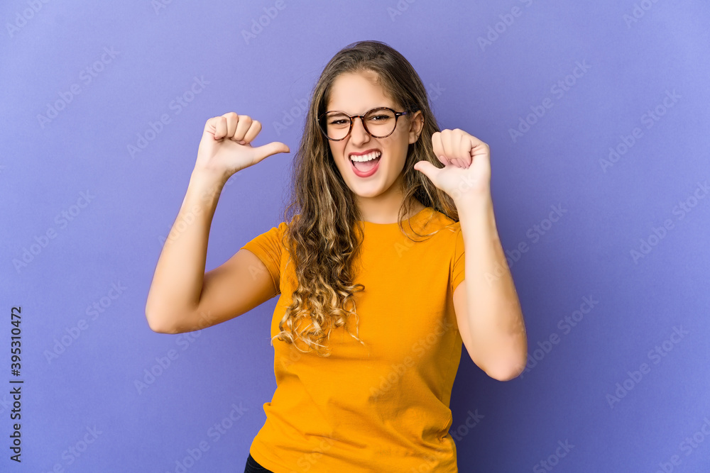 Young caucasian cute woman feels proud and self confident, example to follow. Young caucasian cute woman feels proud and self confident, example to follow.