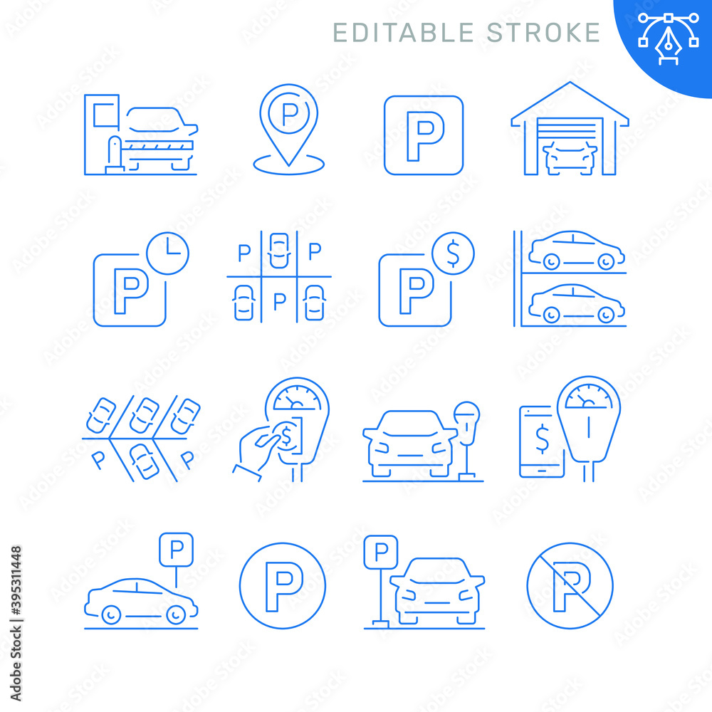 Parking related icons. Editable stroke. Thin vector icon set