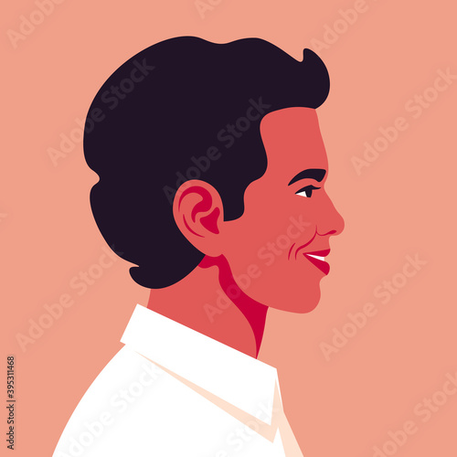 A hispanic man is laughing. Portrait of guy is profile. Happy face. Side view. Avatar for social network. Vector illustration