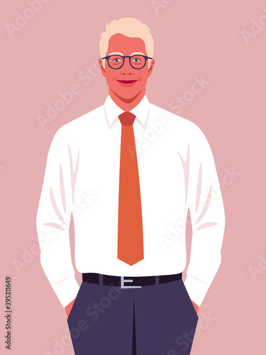 A blond man holds his hands in his pants pockets. A happy businessman. A young politician smiles. Vector flat illustration