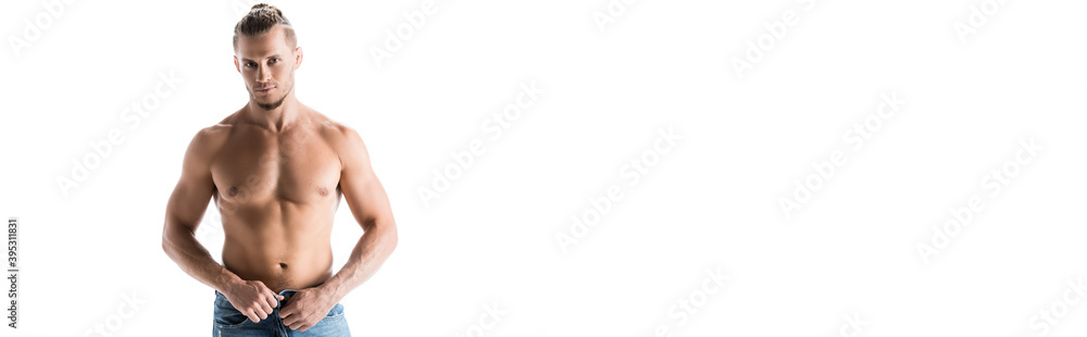 shirtless man in jeans posing isolated on white, banner shirtless man in jeans posing isolated on white, banner