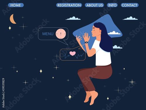 Woman lying in bed on the side with sleeping tracker on her hand.Website page.Device controls quality of dream or slumber during night.Electronic smart watch app.Healthcare and melatonin.Flat style