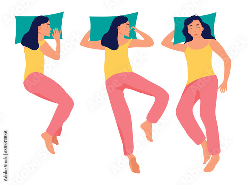 Young woman is sleeping in bed in different poses top view.Girl in pijama.Healthcare and melatonin.Set of tired female character lying in various postures during night slumber.Laziness