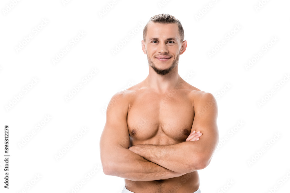  sexy shirtless man posing with crossed arms isolated on white