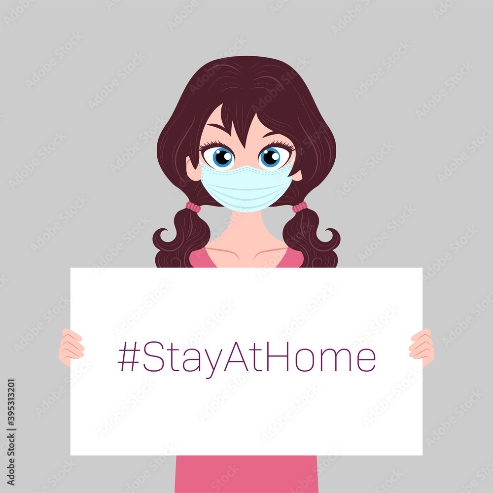 Young woman character wearing medical mask showing sign Stay At Home Young woman character wearing medical mask showing sign Stay At Home