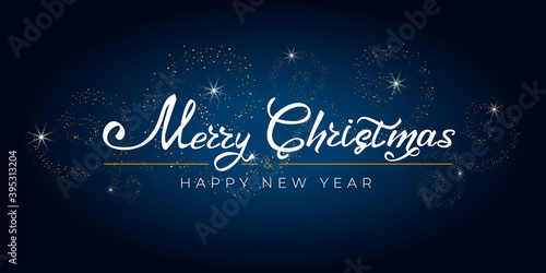 Merry Christmas and Happy New Year 2021. Greeting card with hand drawn lettering gold glittering on blue background. For holiday invitations, banner, poster. Vector illustration.