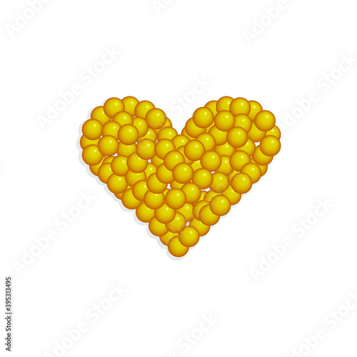 Yellow pills vitamins are decomposed in the shape of a heart. Concept: the importance of vitamins and fatty acids, omegas for heart function. Vector illustration, realistic cartoon design, isolated.