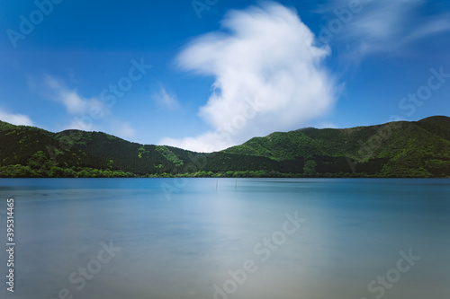 five lakes lake view in summer clear smooth blue water with small creamy clouds and green hills in the background in japan near tokyo