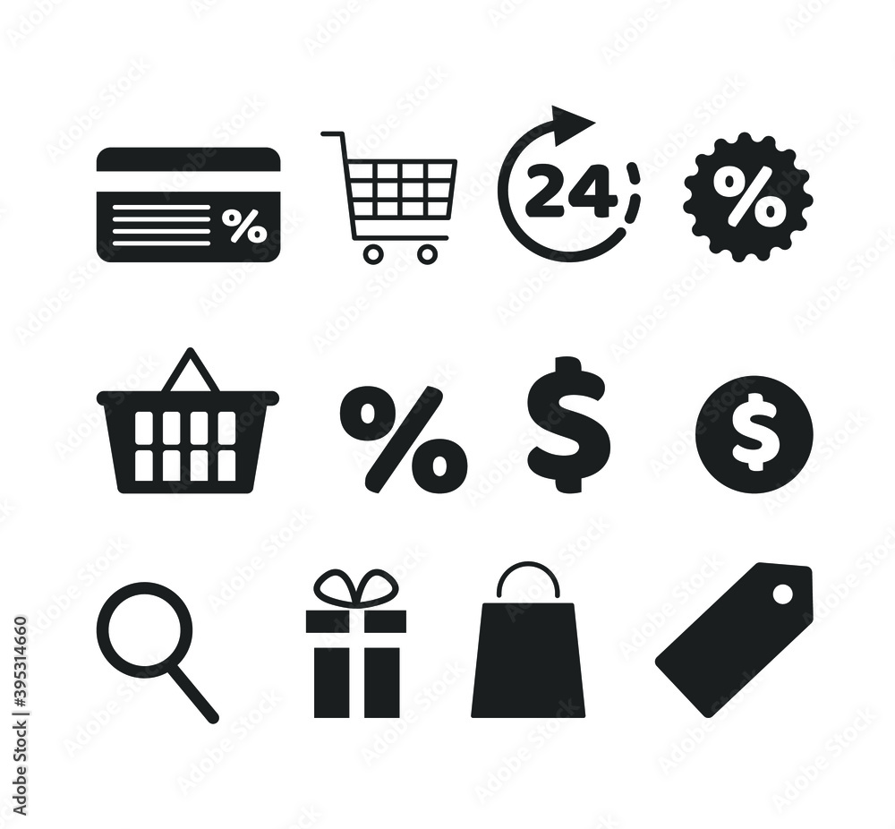 Set of vector icons of store, purchase, shopping. Card, percentage, basket, card, money, round the clock, magnifier, price tag. Vector illustration, flat minimal design, black silhouette, isolated. Set of vector icons of store, purchase, shopping. Card, percentage, basket, card, money, round the clock, magnifier, price tag. Vector illustration, flat minimal design, black silhouette, isolated.