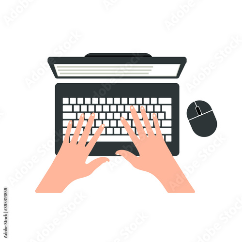 Hands are typing on the laptop keyboard, computer, top view. Vector illustration, flat cartoon color design, isolated on white background, eps 10.