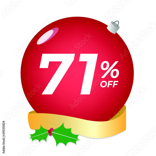 71% off. Seventy-one percent discount. Christmas sale banner. Red bubble with ornaments on a white background vector.