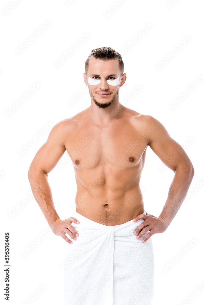 shirtless man in towel with eye patches on face isolated on white shirtless man in towel with eye patches on face isolated on white