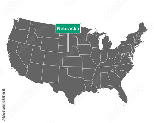Nebraska Ortsschild und Karte der USA